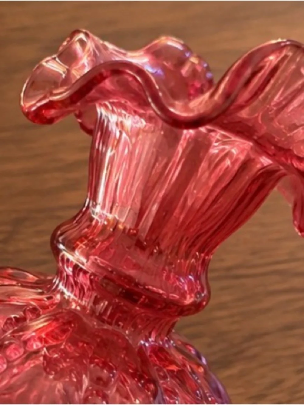 Fenton Cranberry Pink Ruffled Hobnail Glass Vase